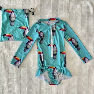 Turquoise Toucan Print Zip-front Swimsuit with Long Sleeves and Bag- Size 5T